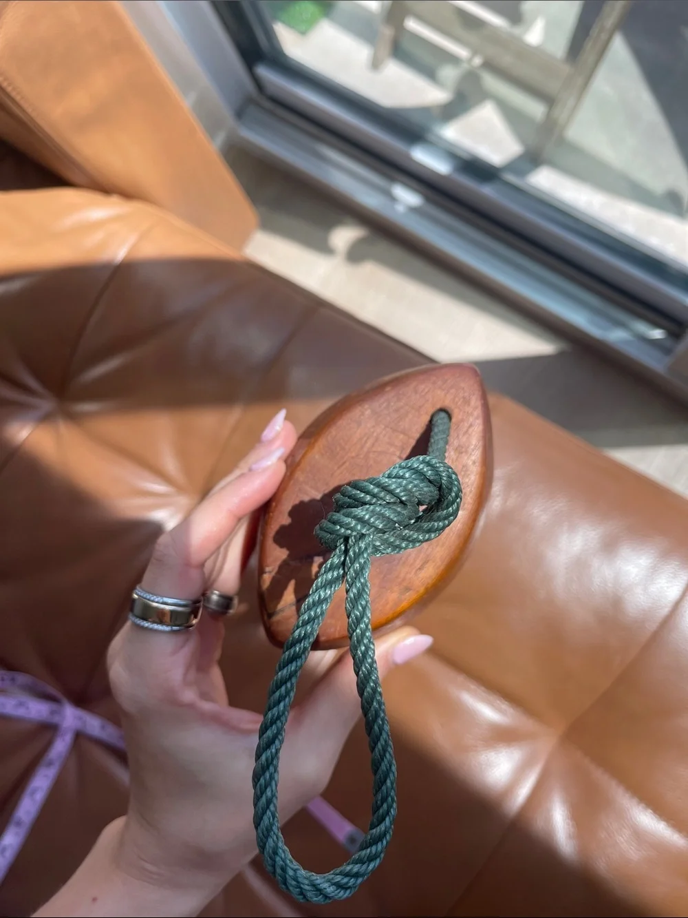 Handcrafted Brown Wooden Bell with Green Rope - Home Wall Decor
